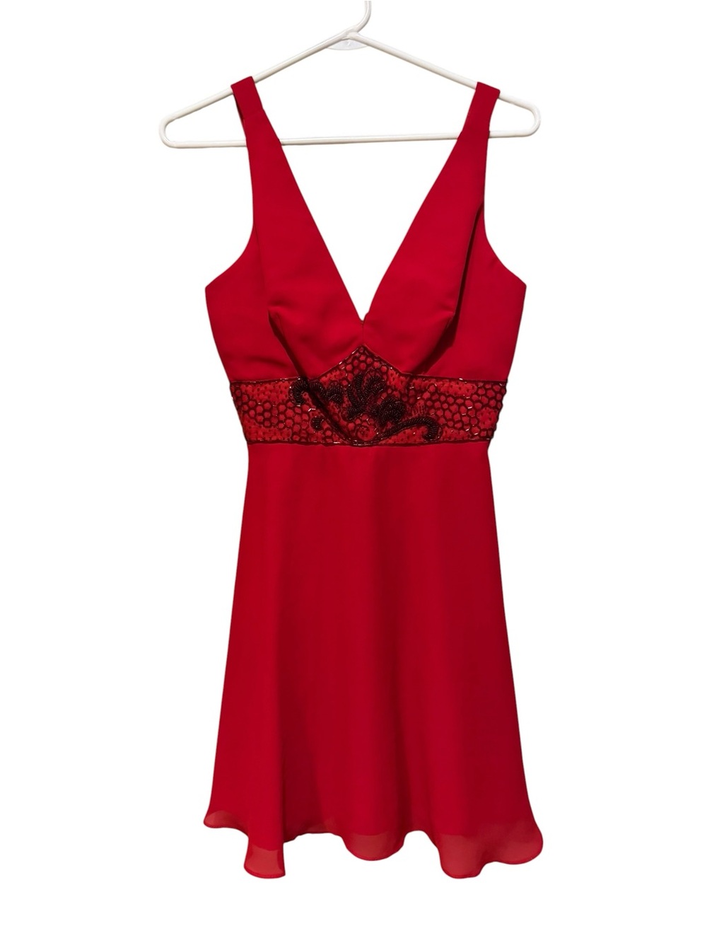 Faviana Red V-Neck Embellished Waist Maxi Dress